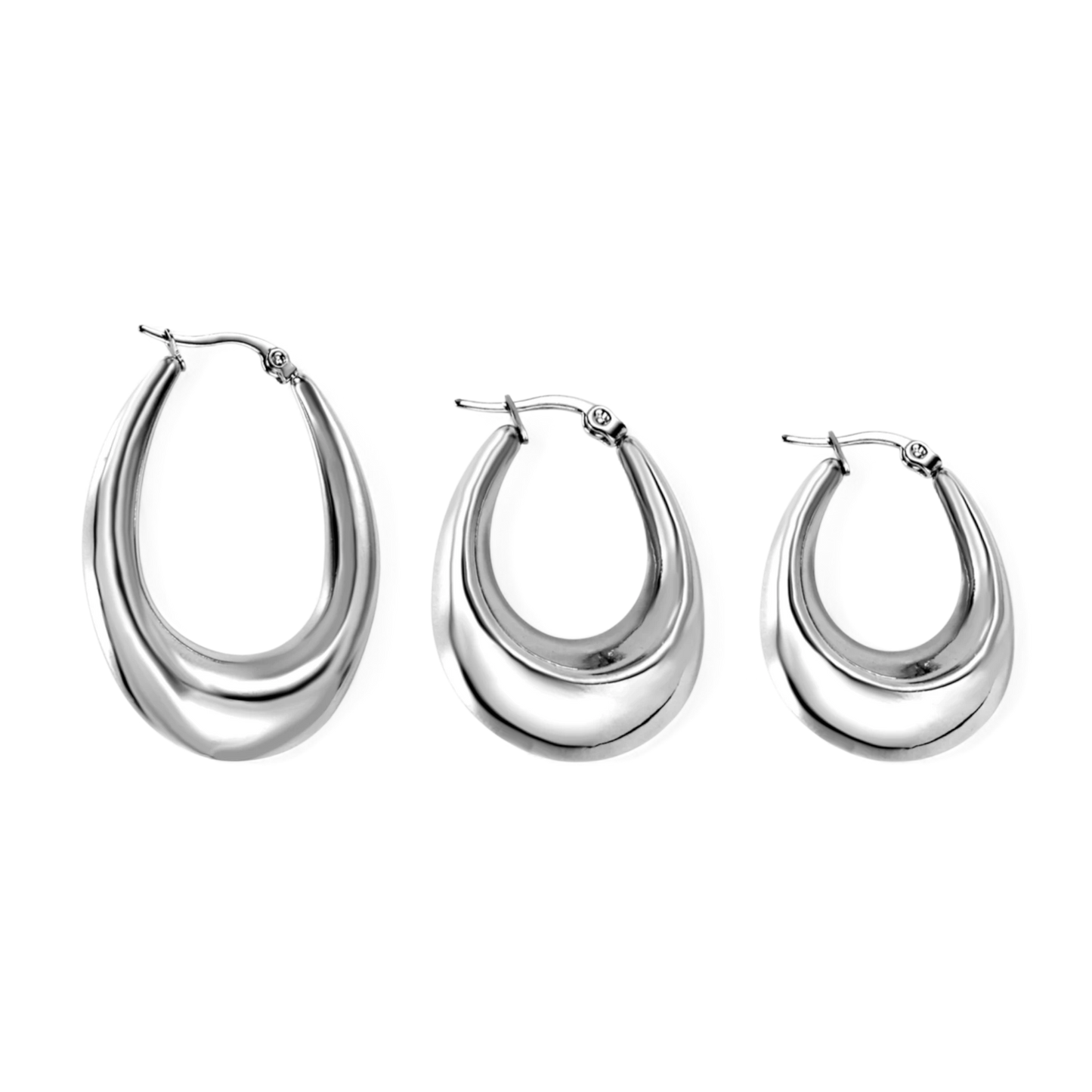 Silver Essential Hoops shown in small medium and large sizes