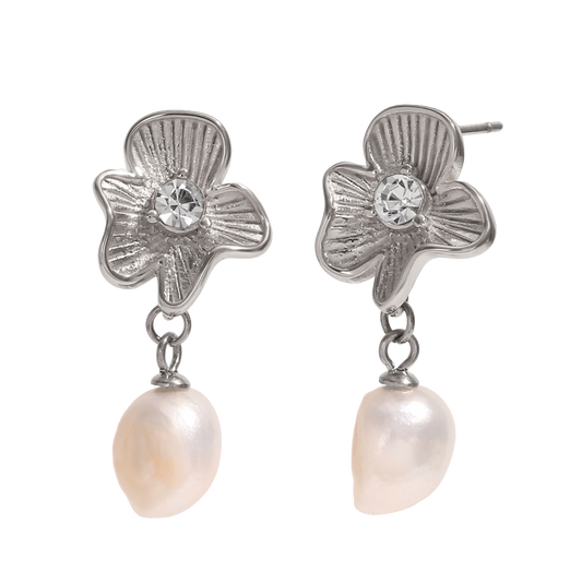 Fleur Mismatch Pearl Drops in polished stainless steel