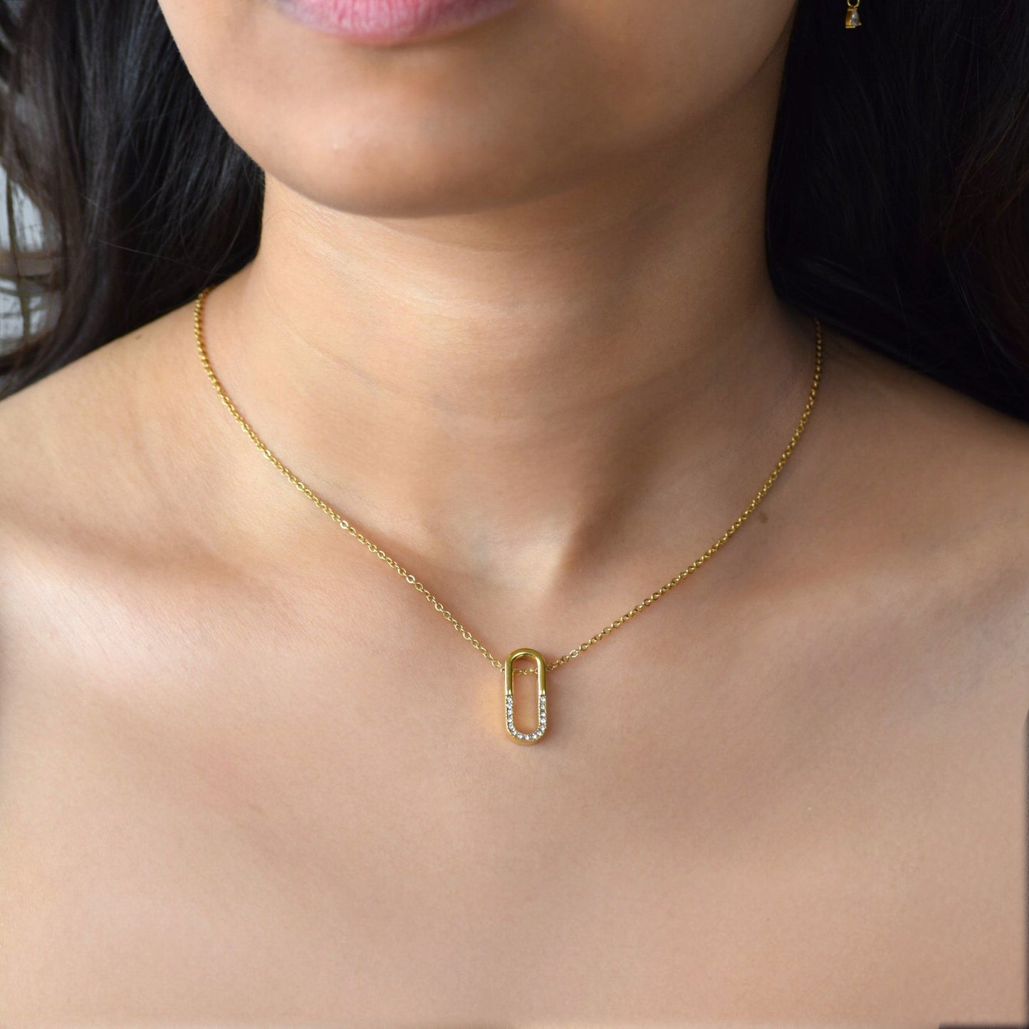 Pave Paperclip Necklace close up in gold finish