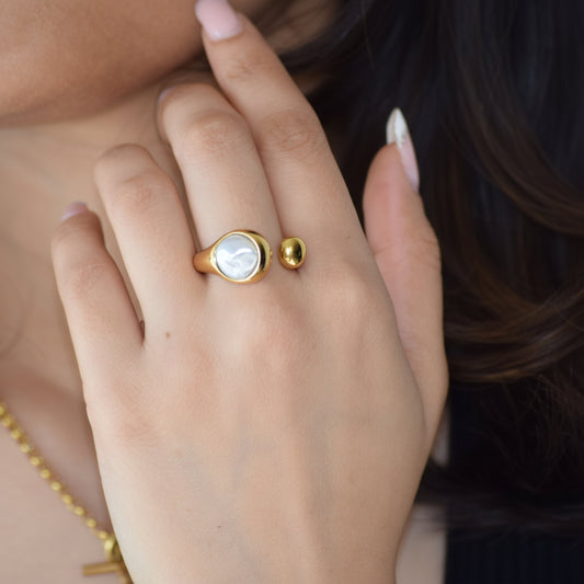 Gold Statement Pearl Ring worn on hand