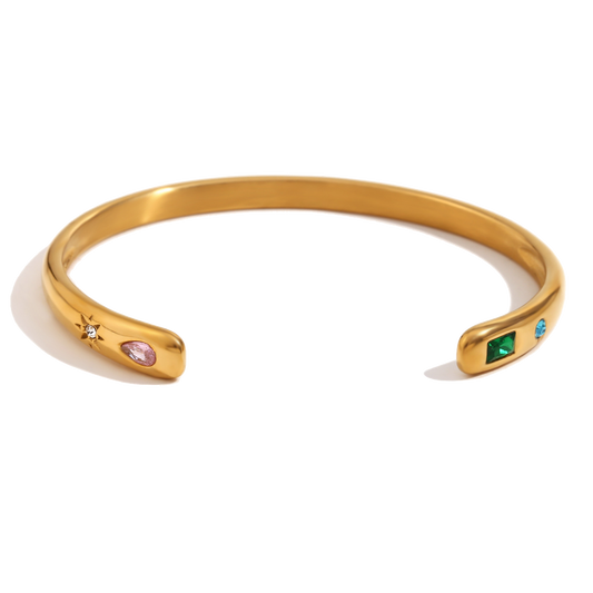 Open Tutti Frutti zircon cuff in 18K gold plated stainless steel