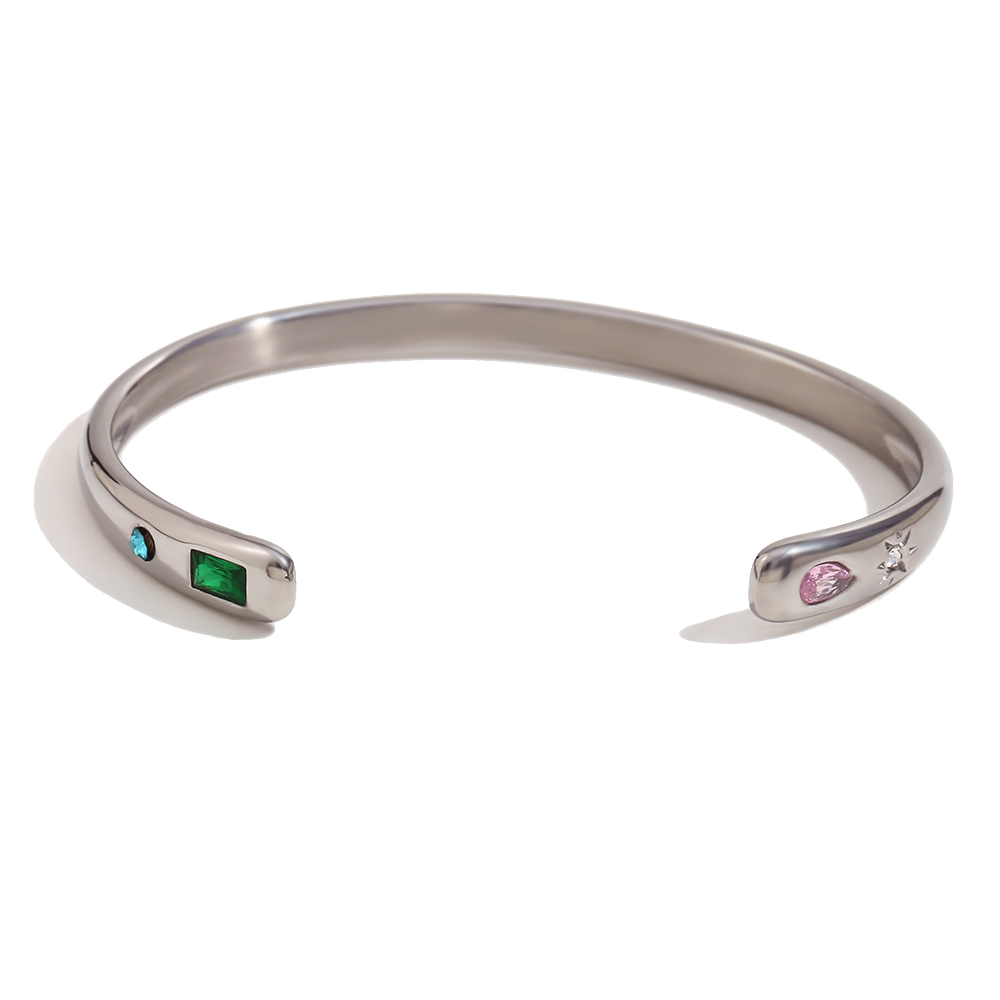 Open Tutti Frutti zircon cuff in polished stainless steel