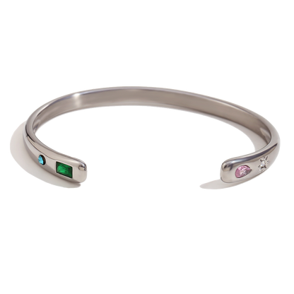 Open Tutti Frutti zircon cuff in polished stainless steel