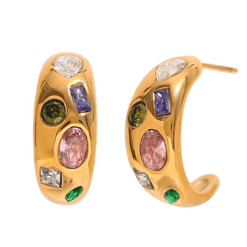 Tutti Frutti zircon half hoops in 18K gold plated stainless steel