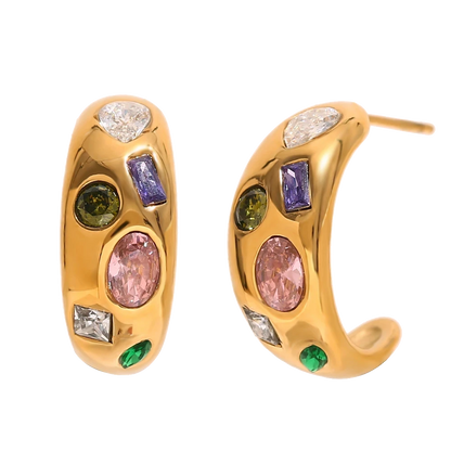 Tutti Frutti zircon half hoops in 18K gold plated stainless steel