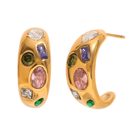 Tutti Frutti zircon half hoops in 18K gold plated stainless steel