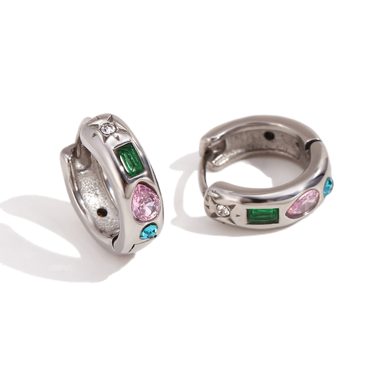 Tutti Frutti zircon huggies in polished stainless steel