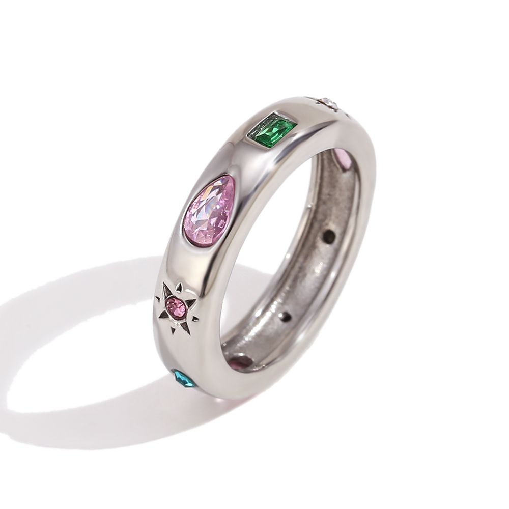 Tutti Frutti zircon ring in polished stainless steel