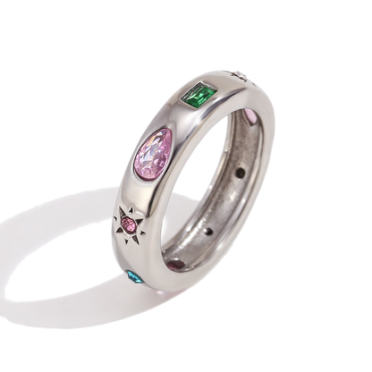 Tutti Frutti zircon ring in polished stainless steel