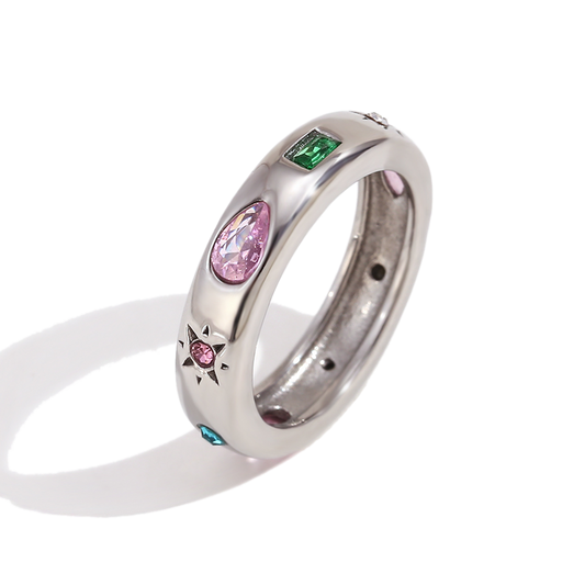 Tutti Frutti zircon ring in polished stainless steel