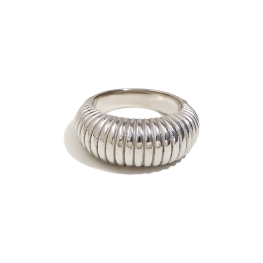 Croissant Dome Ring in polished stainless steel with ribbed texture