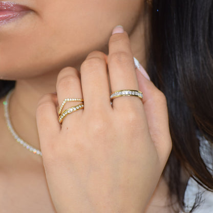 Gold Eternity Ring and Cobblestone Pave ring styled with Tiara Ring on hand