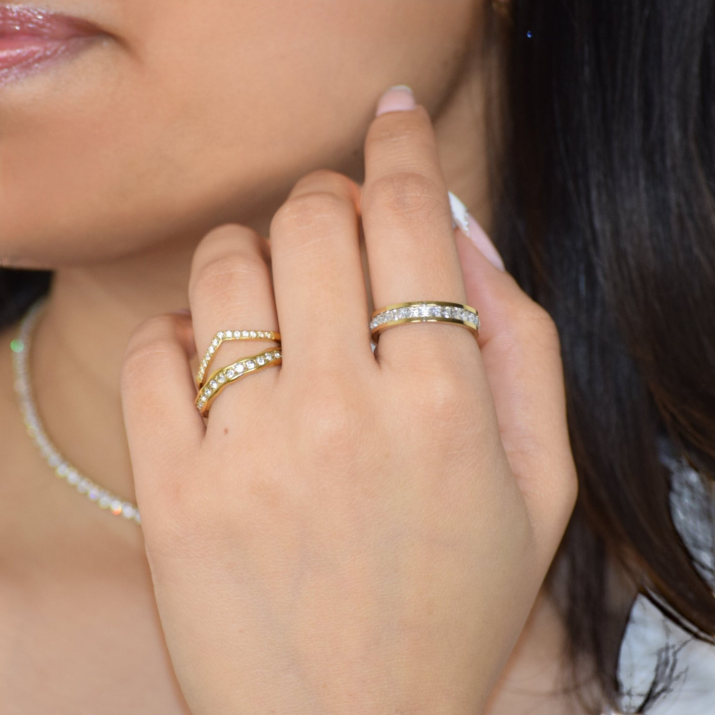 Gold Eternity Ring and Cobblestone Pave ring styled with Tiara Ring on hand
