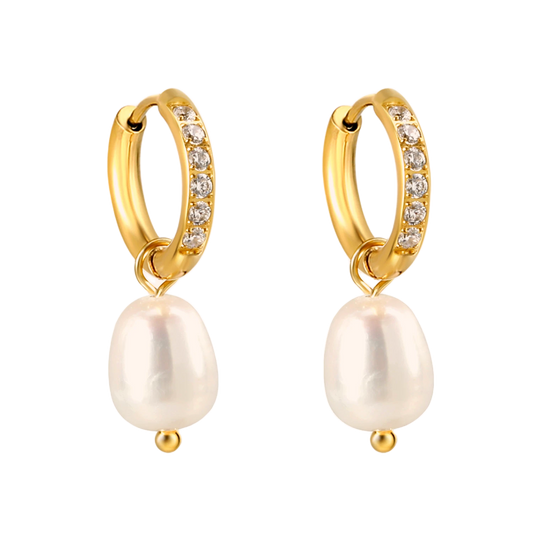 Dewdrop Pearl Huggies with zircon detail in 18K gold plated stainless steel