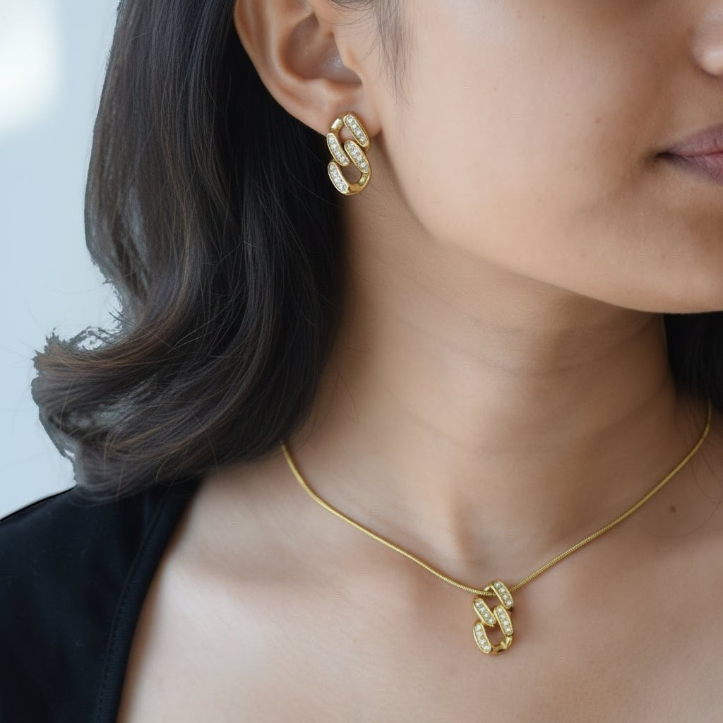 Gold Unity Link Studs styled on model