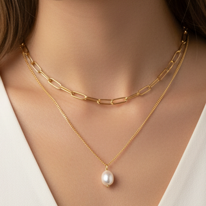 Gold Layered Pearl Necklace worn on neckline