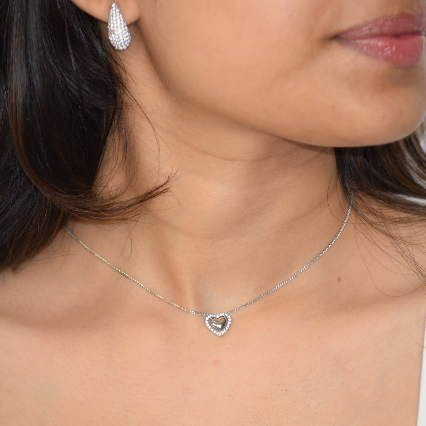 Silver Sweetheart Halo Necklace worn on neckline