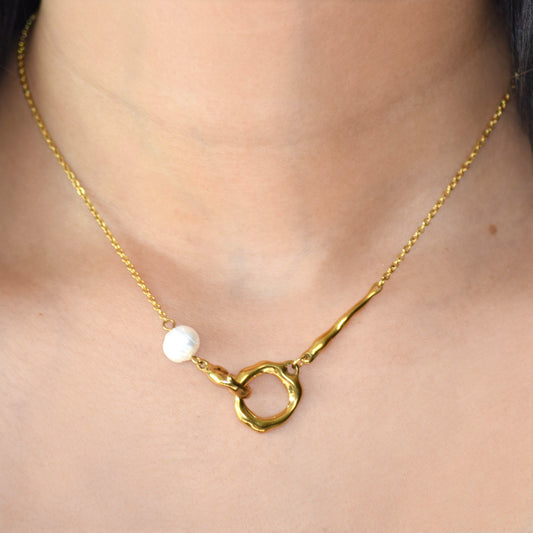 Gold Entwined Pearl Lariat Necklace worn on neckline