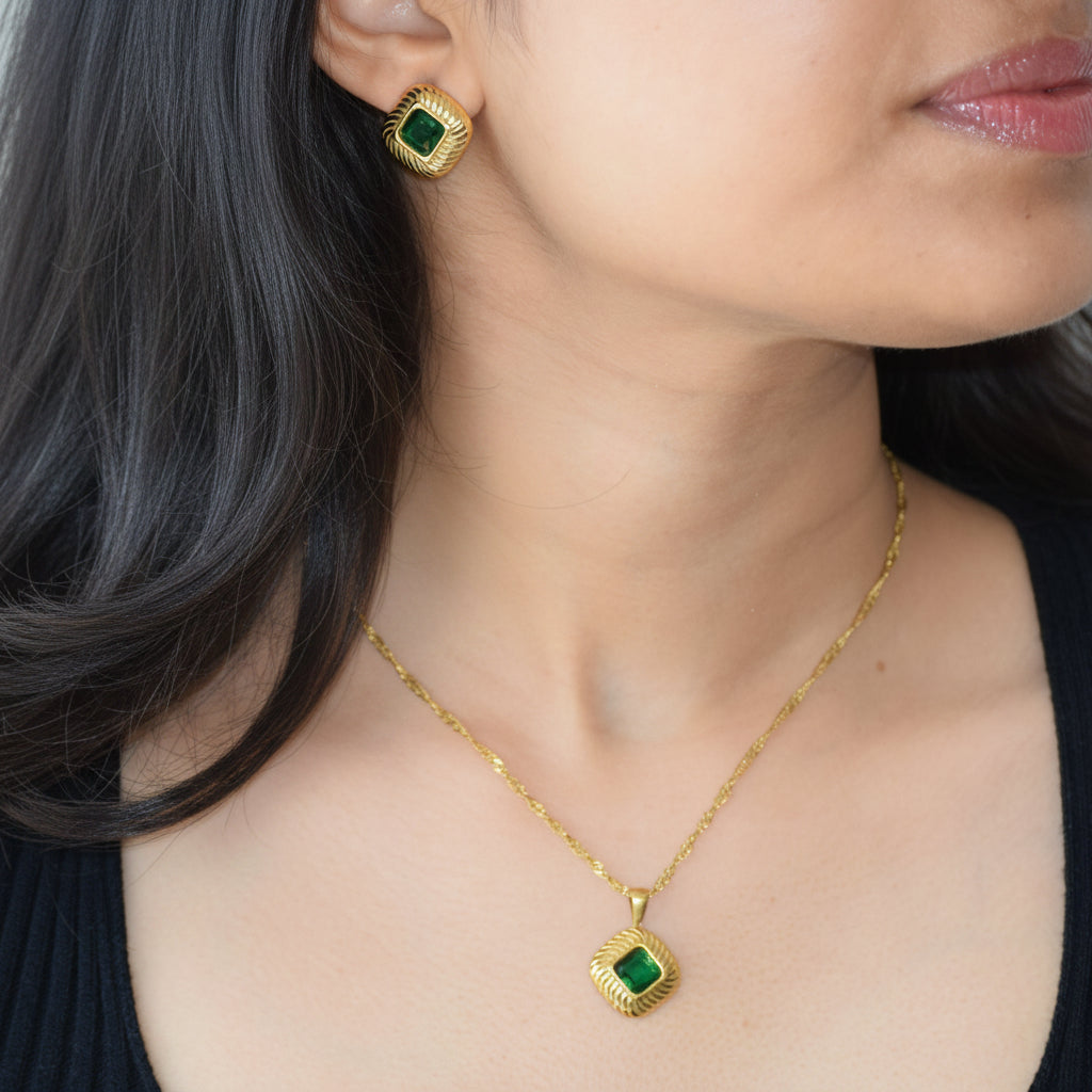 Legacy jade green zircon studs styled on model