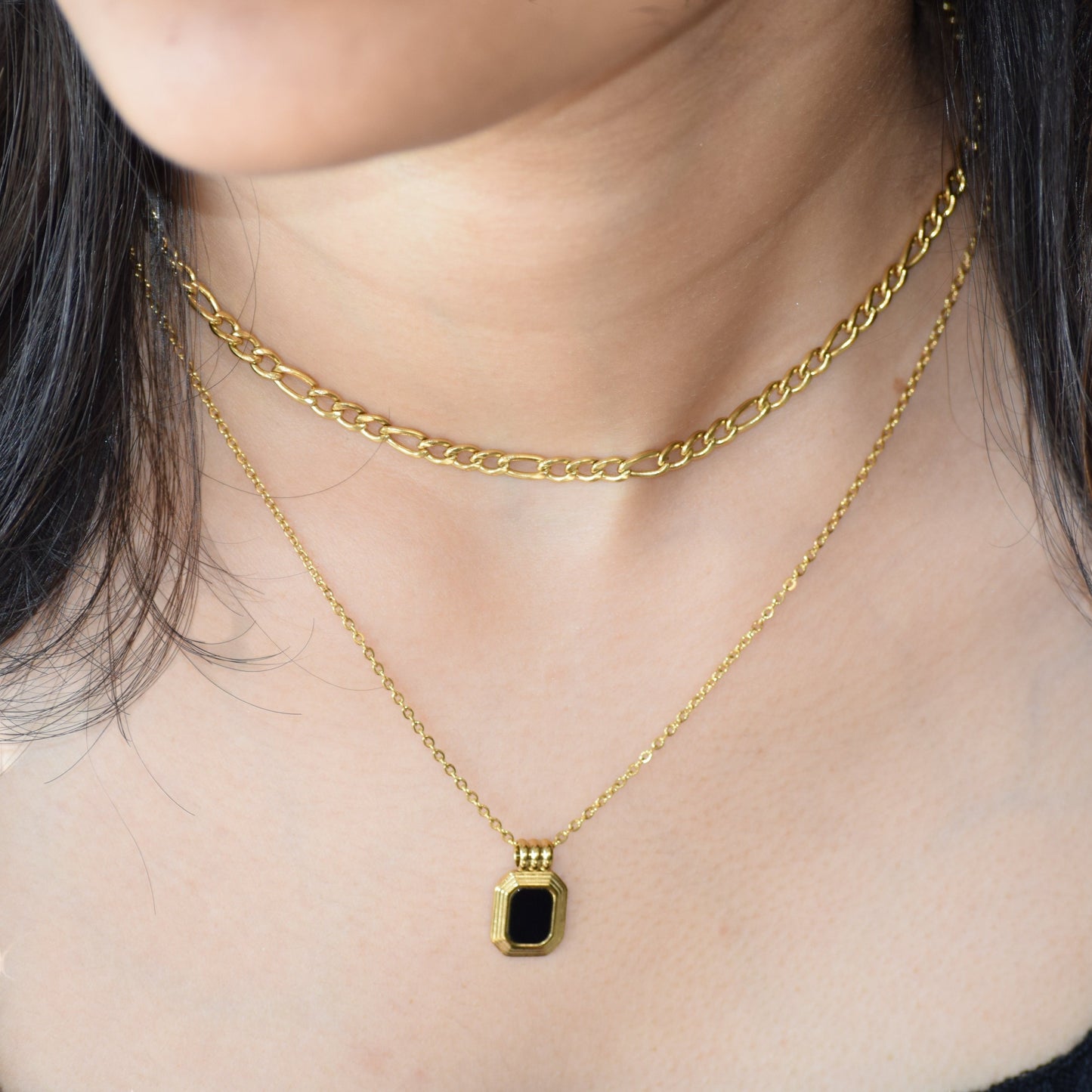Gold Midnight Pendant Layered Necklace worn on model