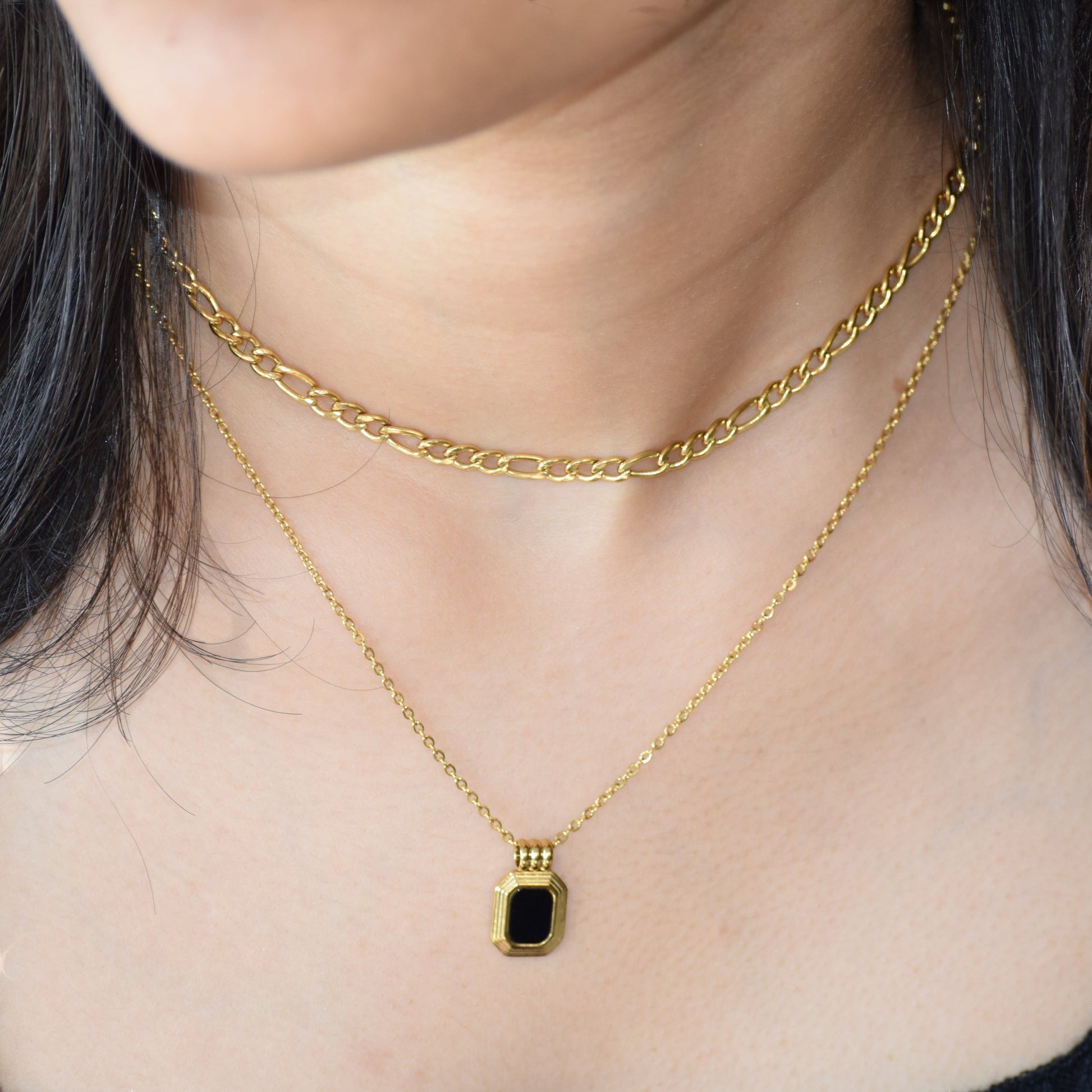 Gold Midnight Pendant Layered Necklace worn on model