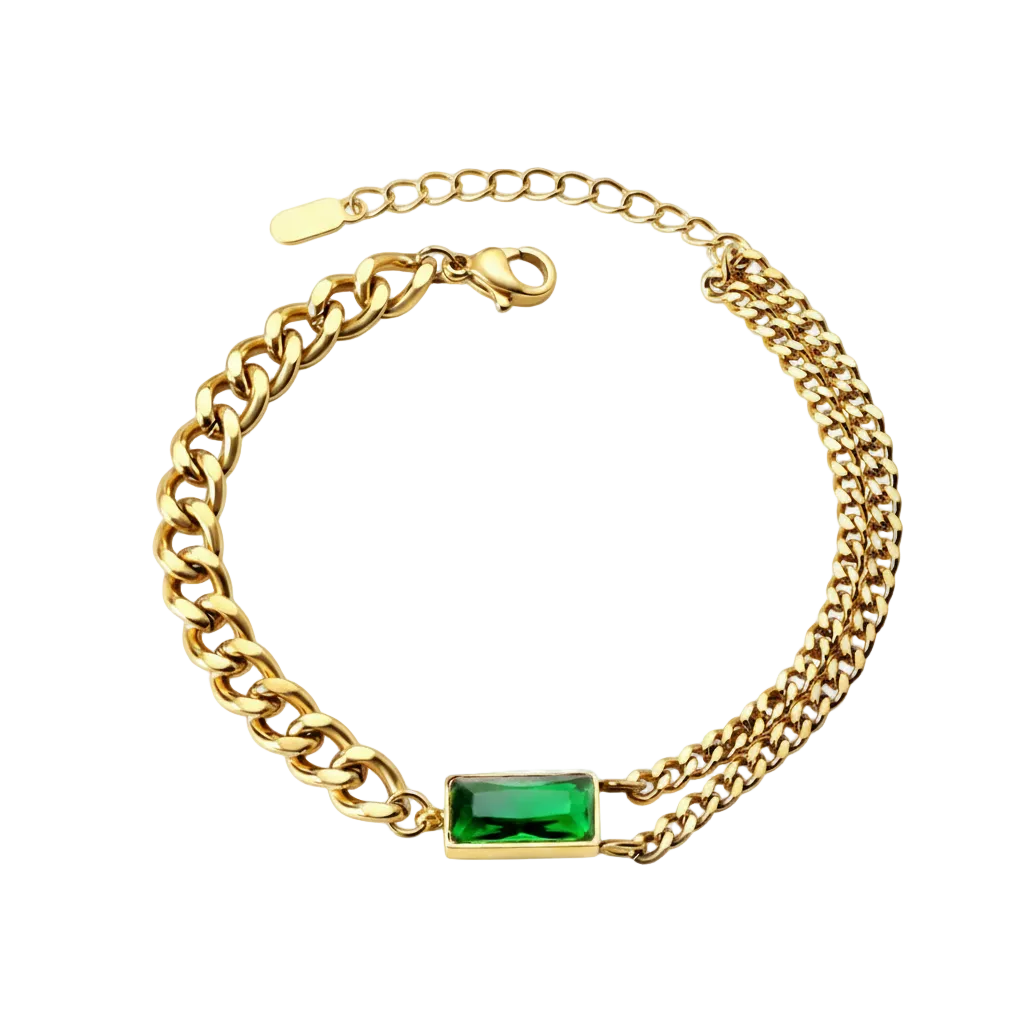 Emerald Link Bracelet with green zircon in 18K gold plated stainless steel