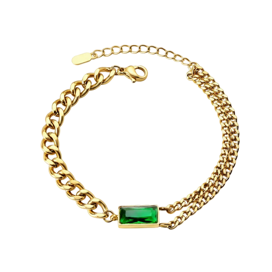Emerald Link Bracelet with green zircon in 18K gold plated stainless steel
