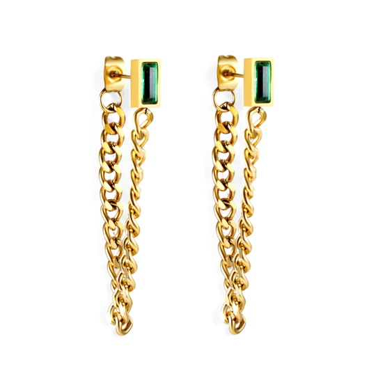Emerald Chain Drop earrings with green zircon stones in 18K gold plated stainless steel