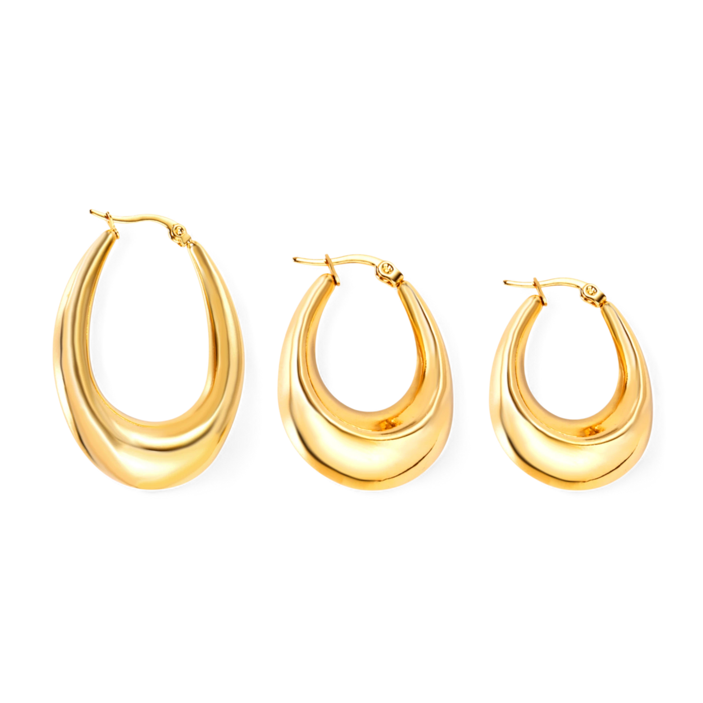 Gold Essential Hoops shown in small medium and large sizes
