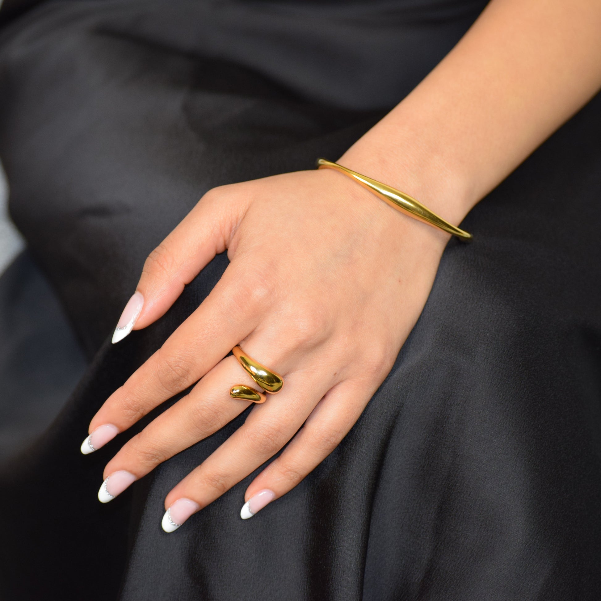 Gold Flow Ring styled with Polished Arc Cuff
