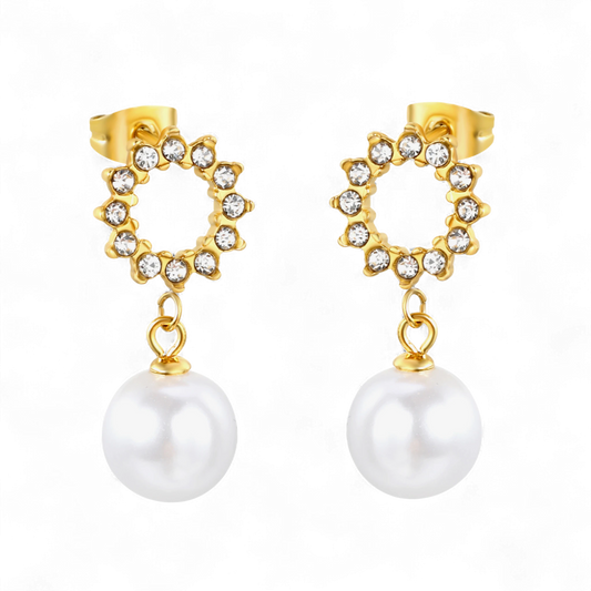 Helios Pearl Drops with zircon studs in 18K gold plated stainless steel