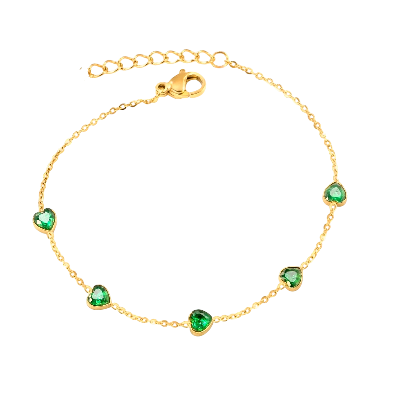Jade Hearts Bracelet with green zircon hearts in 18K gold plated stainless steel