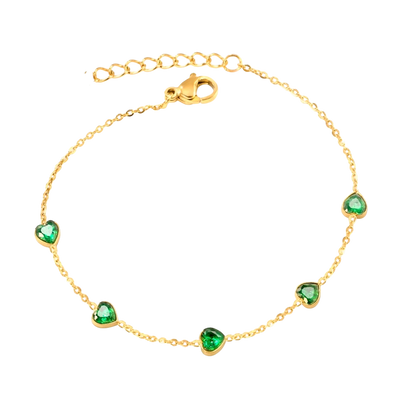 Jade Hearts Bracelet with green zircon hearts in 18K gold plated stainless steel