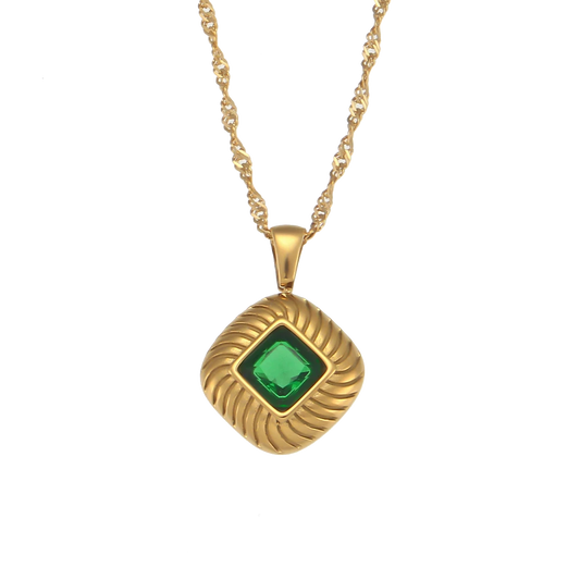 Legacy jade green zircon pendant necklace in 18K gold plated stainless steel