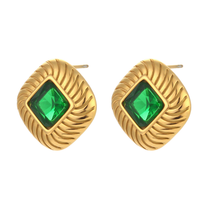 Legacy jade green zircon stud earrings in 18K gold plated stainless steel