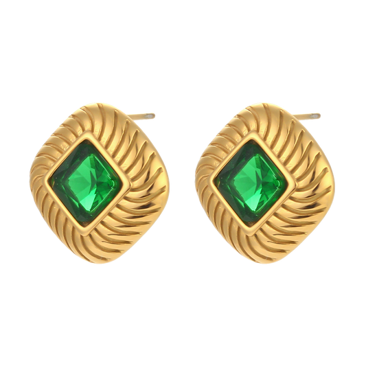 Legacy jade green zircon stud earrings in 18K gold plated stainless steel