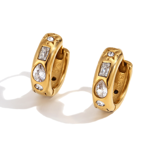 Mosaic zircon huggies in 18K gold plated stainless steel