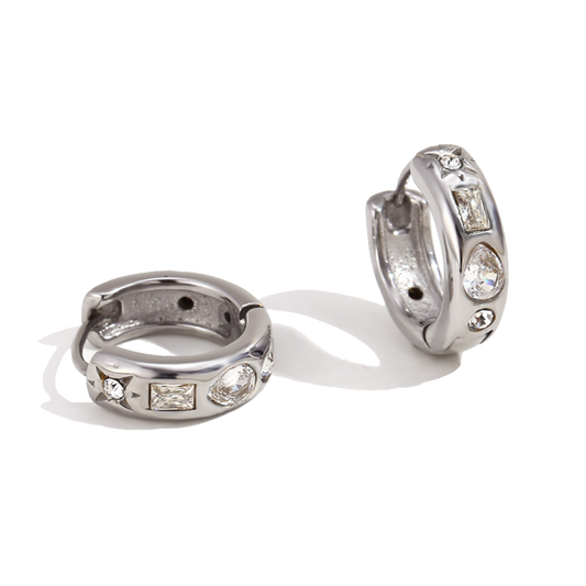 Mosaic zircon huggies in polished stainless steel