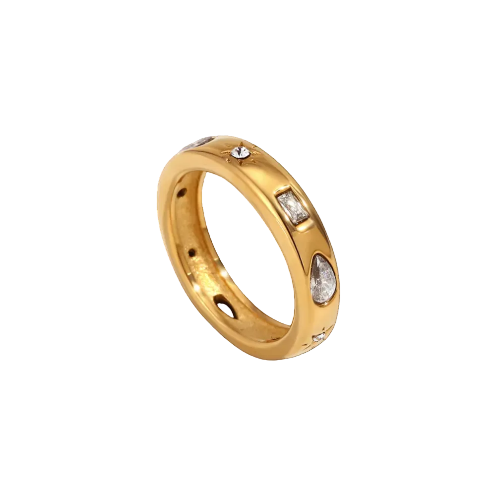 Mosaic zircon ring in 18K gold plated stainless steel