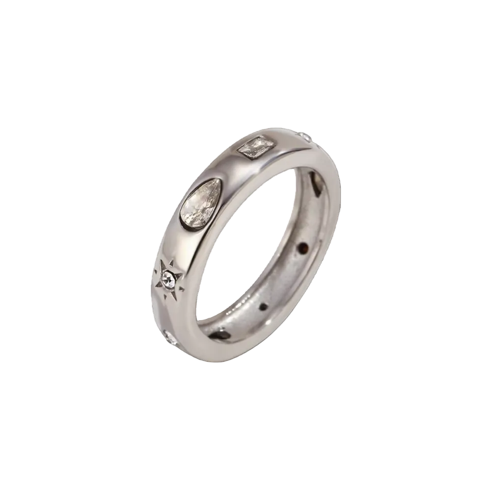 Mosaic zircon ring in polished stainless steel