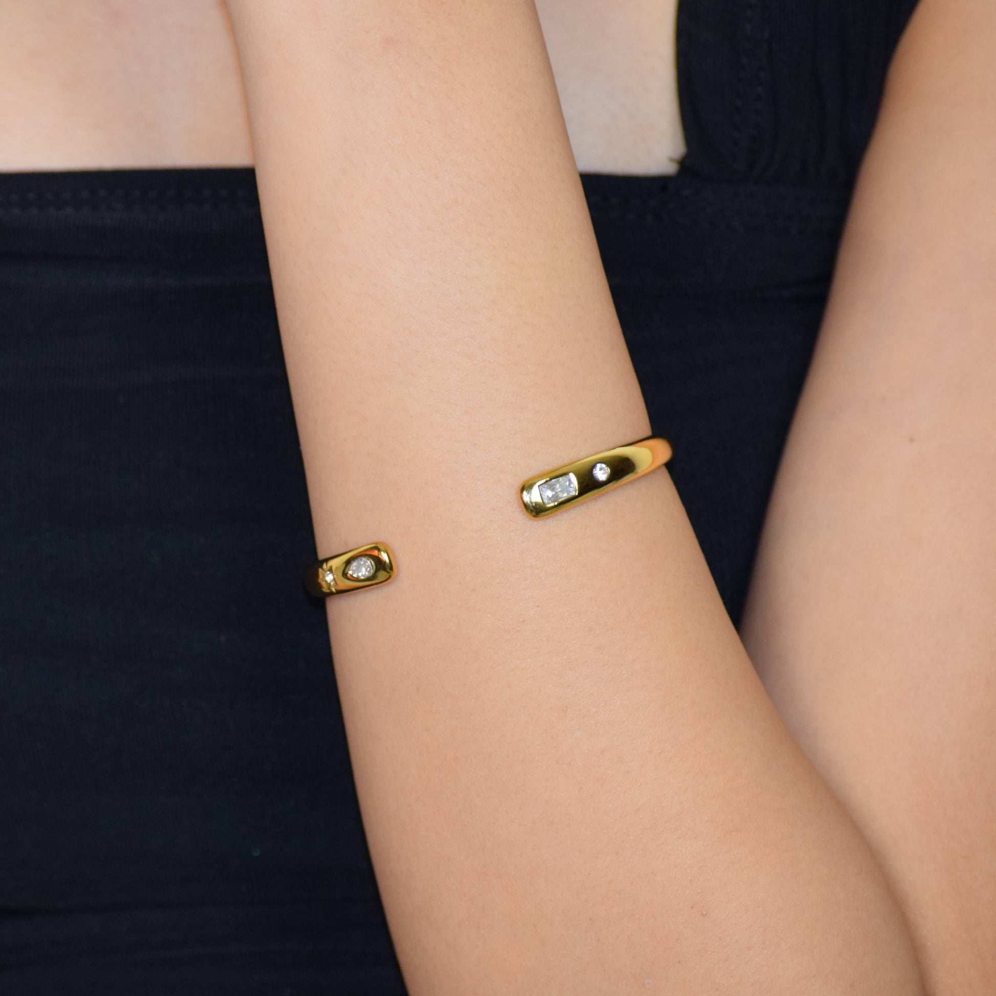 Gold Open Secret Cuff worn on wrist