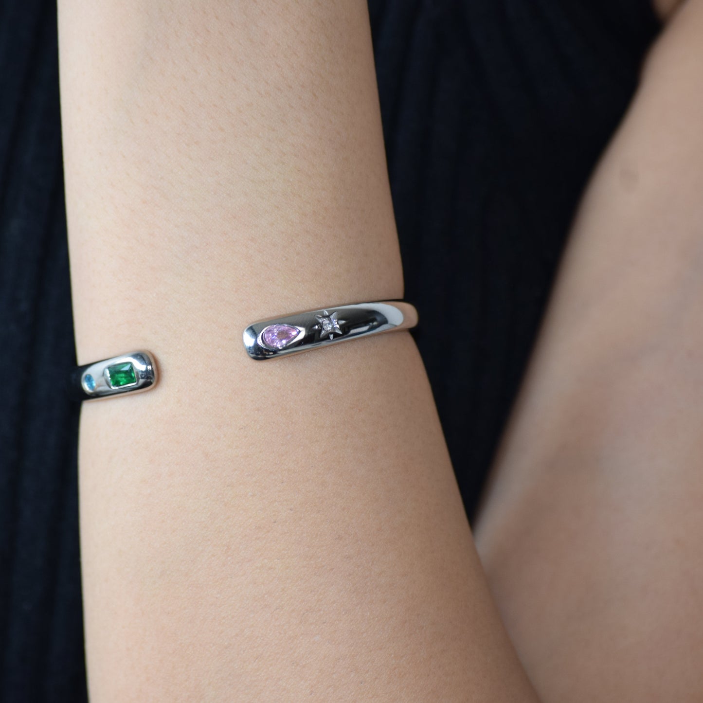 Silver Open Tutti Frutti Cuff worn on wrist with colourful zircon accents