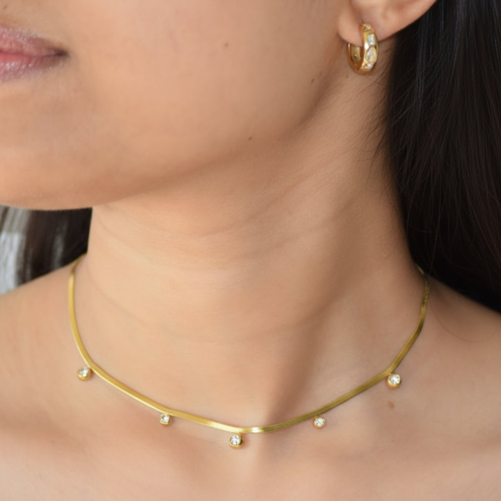 Raindrop Necklace styled with Mosaic Huggies