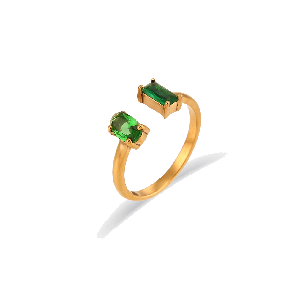 18K gold plated stainless steel Toi Et Moi ring with two jade green zircon stones