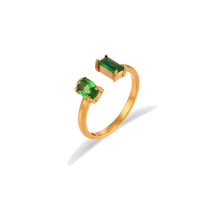 18K gold plated stainless steel Toi Et Moi ring with two jade green zircon stones