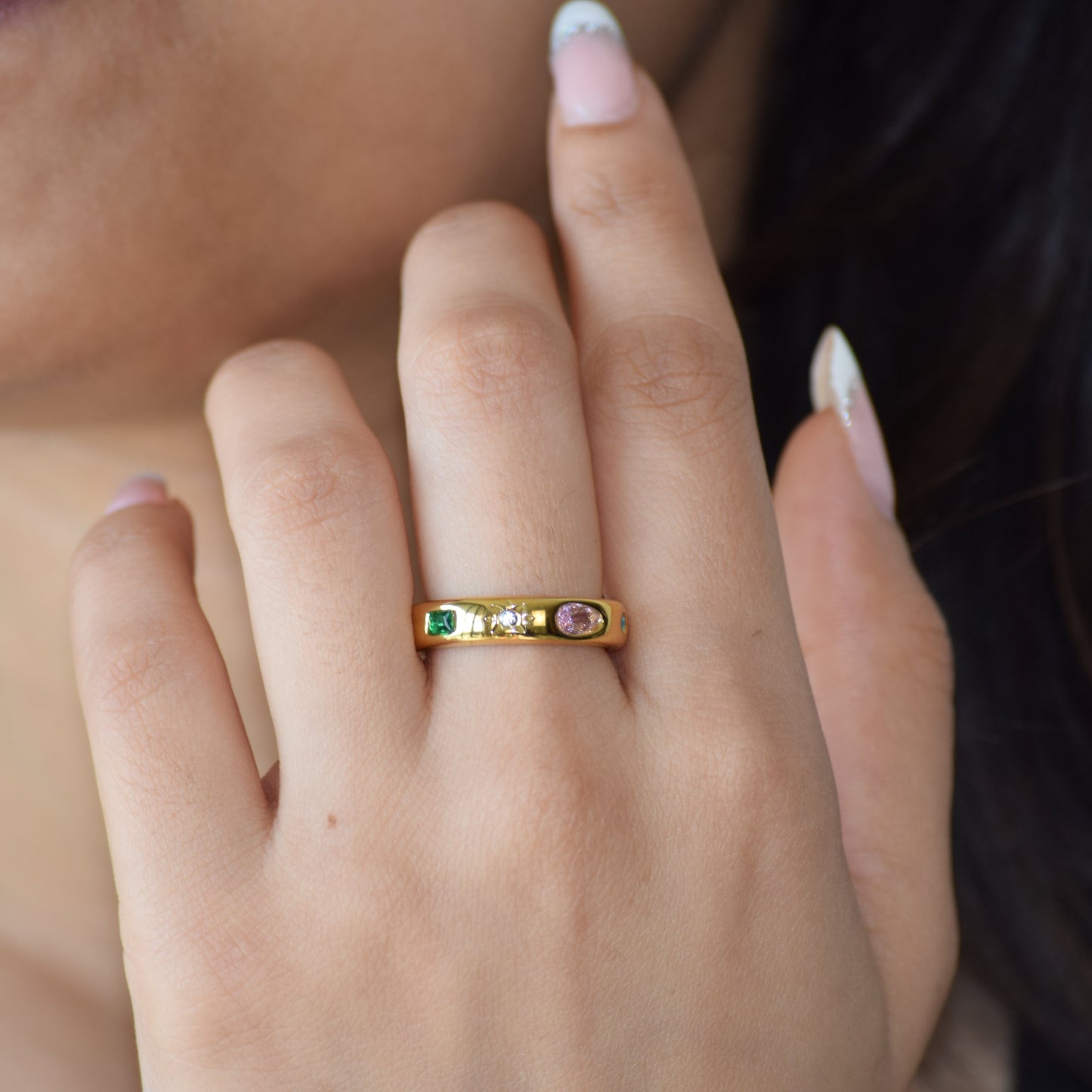 Gold Tutti Frutti Ring worn on hand with colourful zircon accents