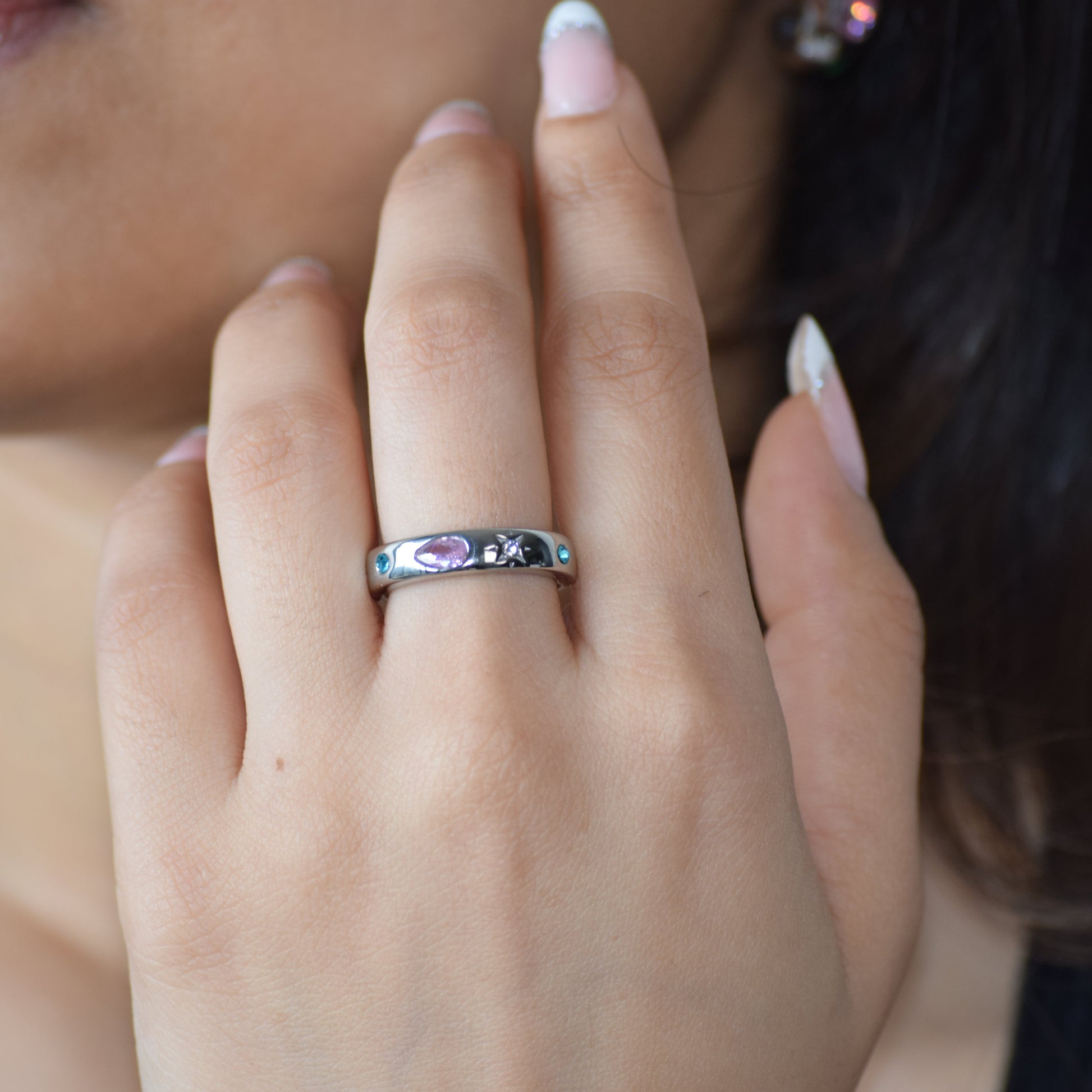 Silver Tutti Frutti Ring worn on hand with colourful zircon accents