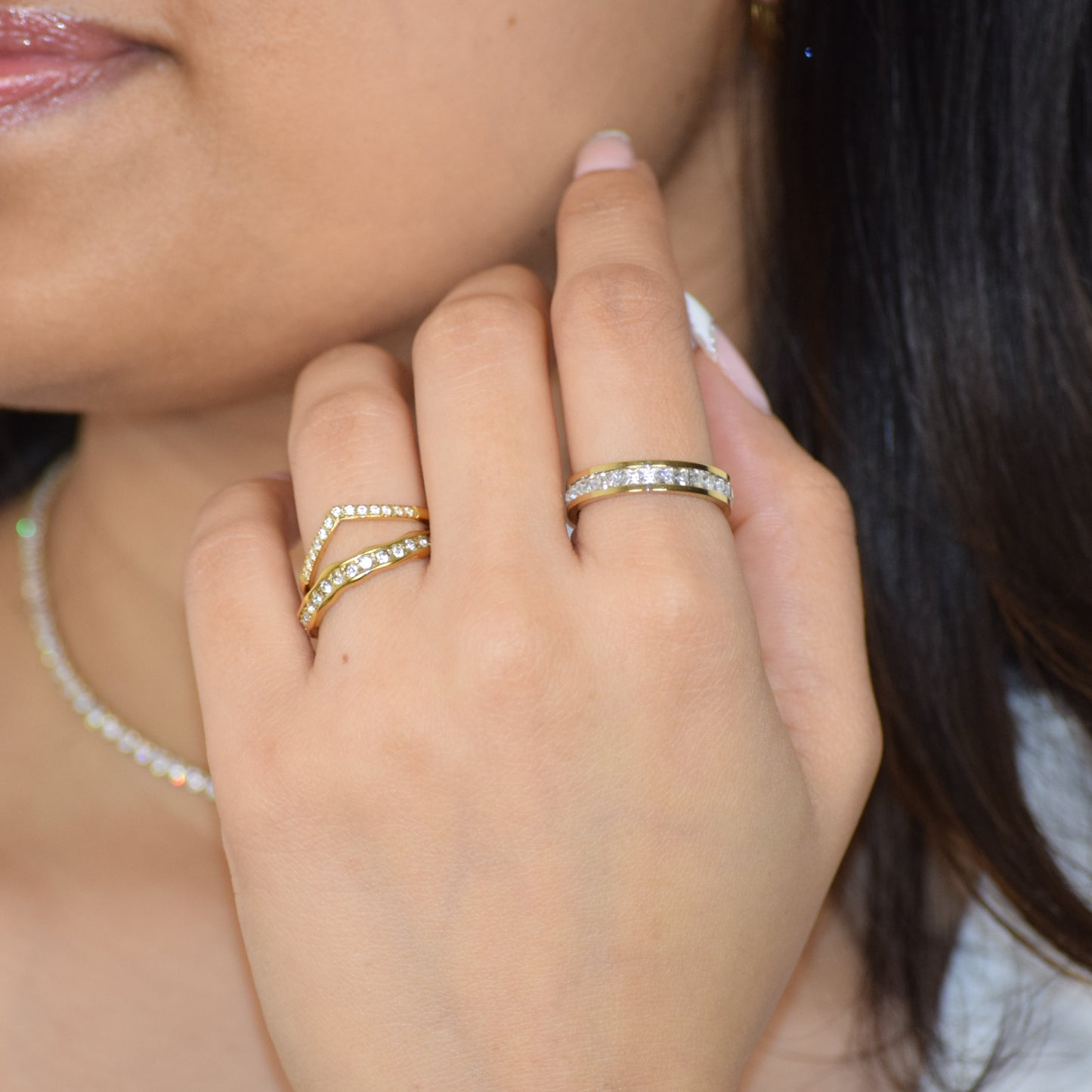 Gold Tiara Ring styled on hand with zircon detail