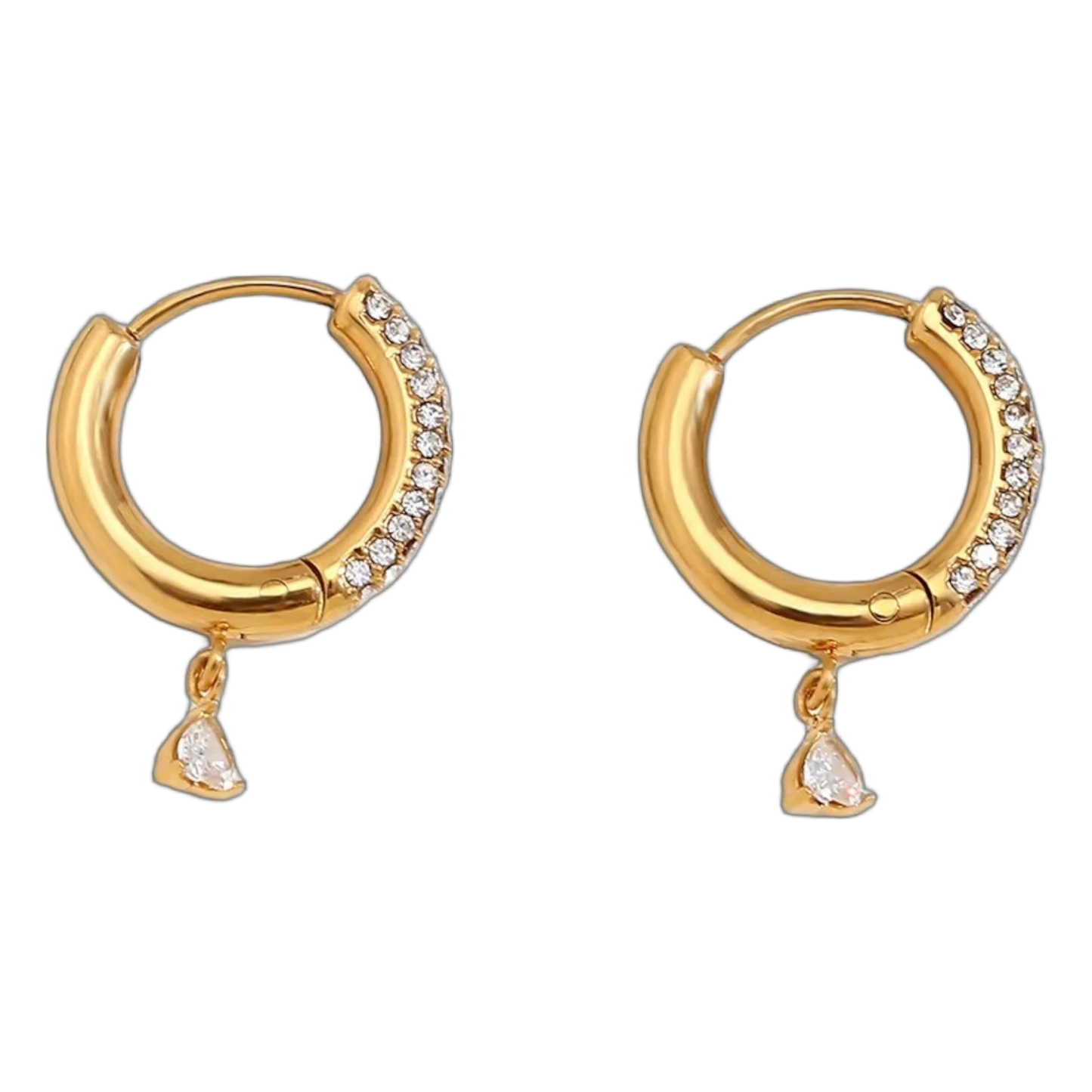 Amore Drop Hoops in 18K gold plated stainless steel with heart charm