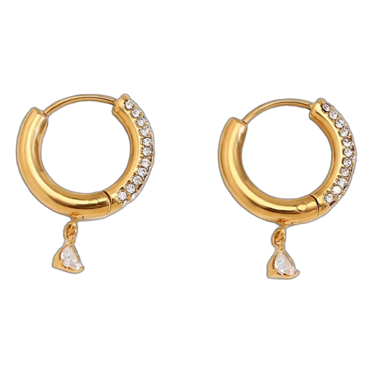 Amore Drop Hoops in 18K gold plated stainless steel with heart charm